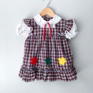 Vintage JCPenney Toddletime Puff Sleeve Plaid Fall Leaf Embroidered Dress 2-3T
